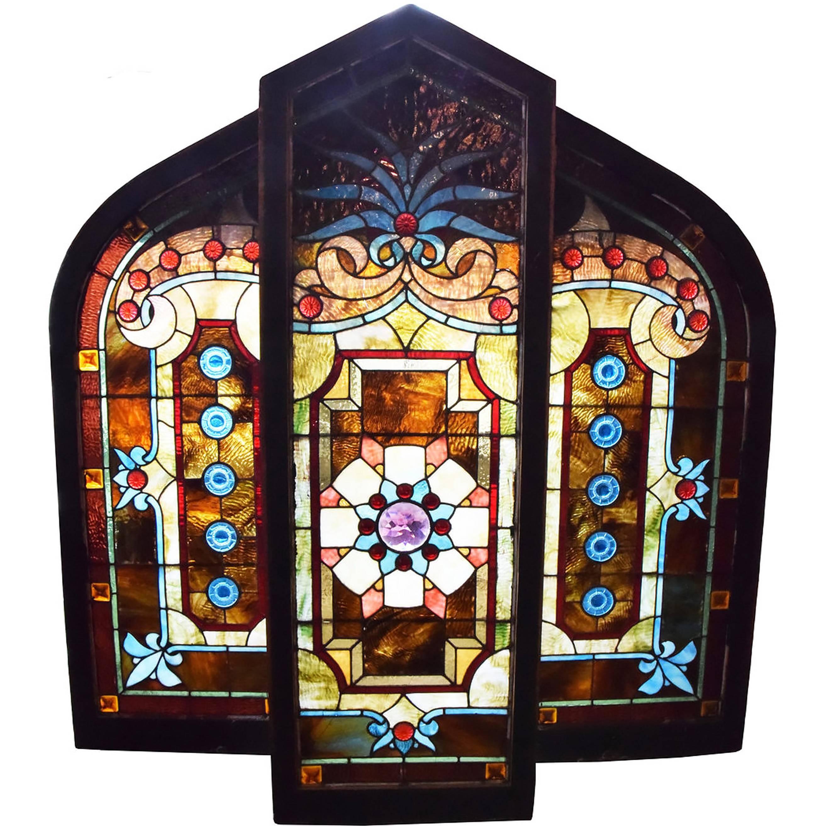 Three-Piece Stained Glass Victorian Window Unit