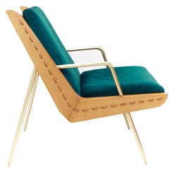 Midcentury Inspired Walt Chair & Ottoman, Wood, Solid Brass, Velvet and Leather