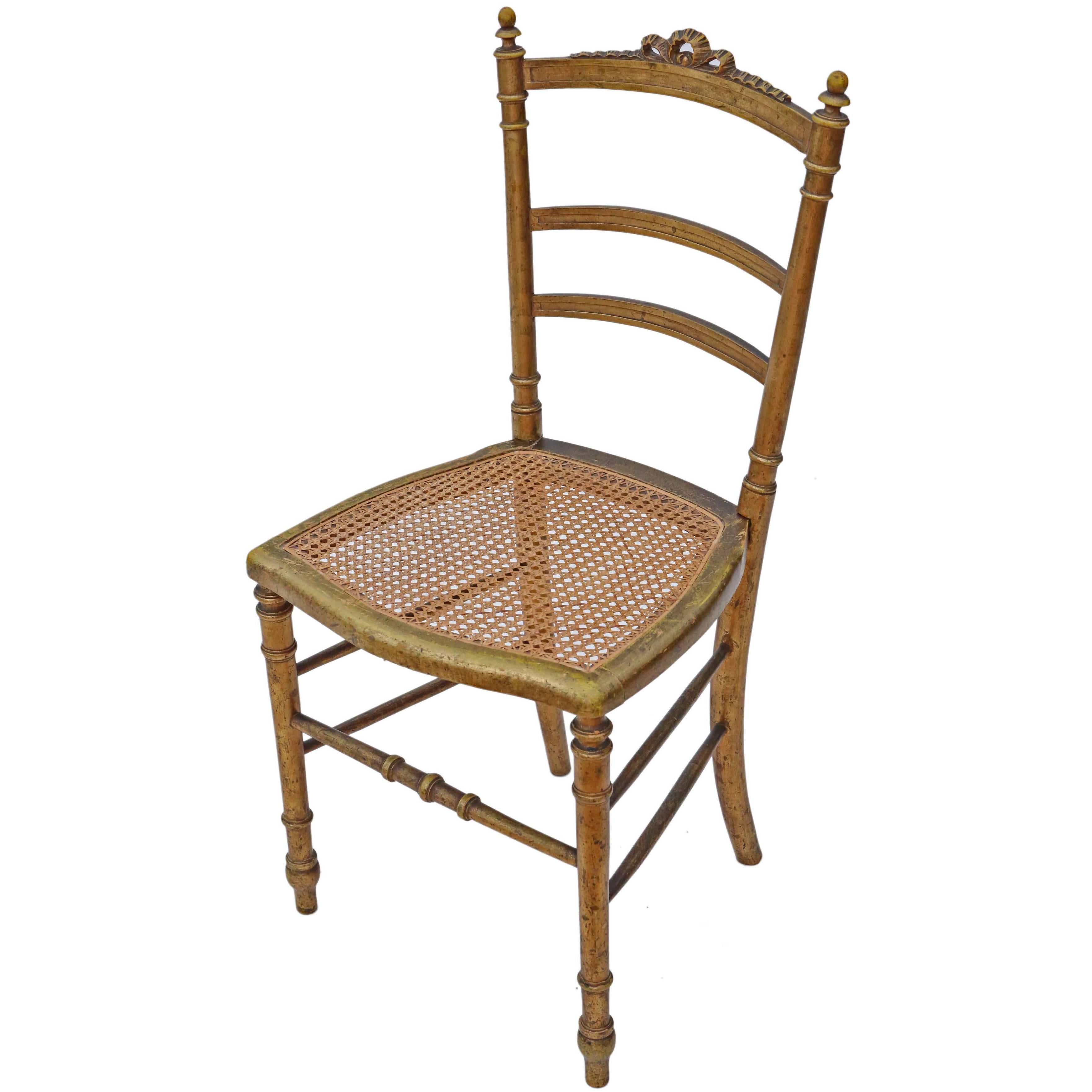 Antique Rare Victorian Gilt Cane Inlaid Bedroom Side Hall Chair, circa 1900 For Sale