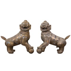 Pair of Tibetan Bronze Guardian Lion Figures