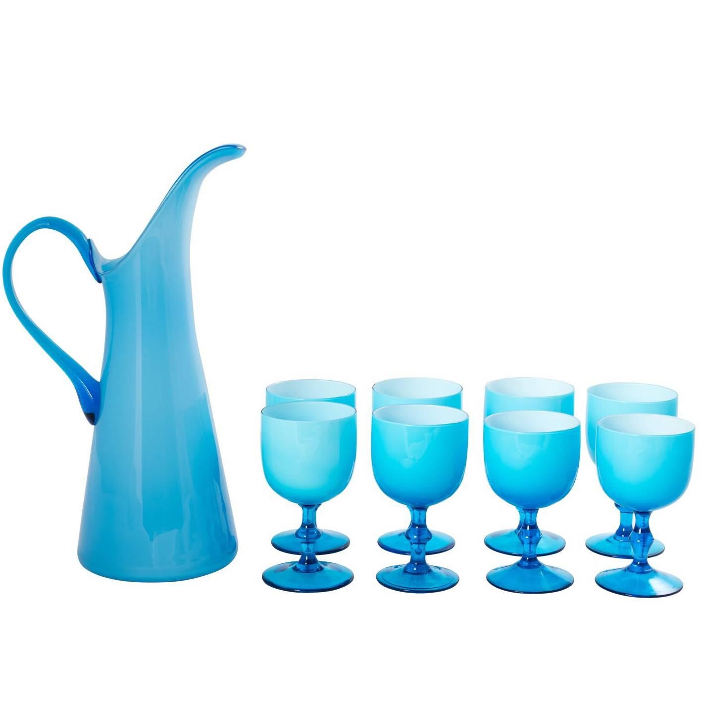Set of Eight Italian Blue Glass Wine Goblets with Pitcher, circa 1960s For Sale