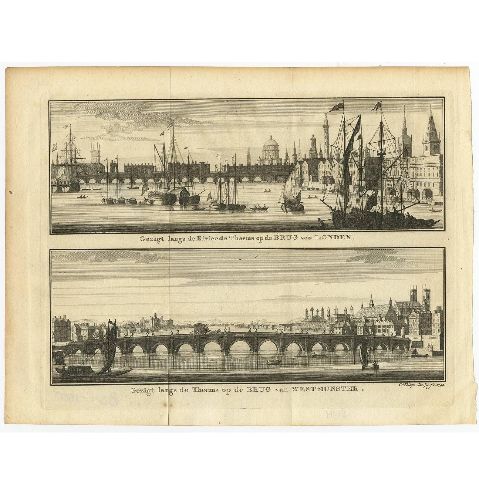 Antique Print with Views of the London Bridge and Westminster Bridge, 1754 For Sale