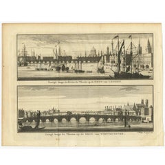 Antique Print with Views of the London Bridge and Westminster Bridge, 1754