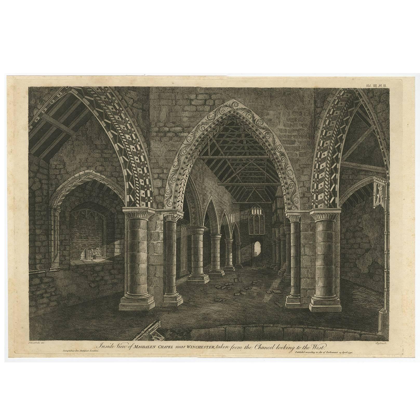 Antique Print with Inside View of Magdalen Chapel, Winchester, Hampshire, 1790 For Sale