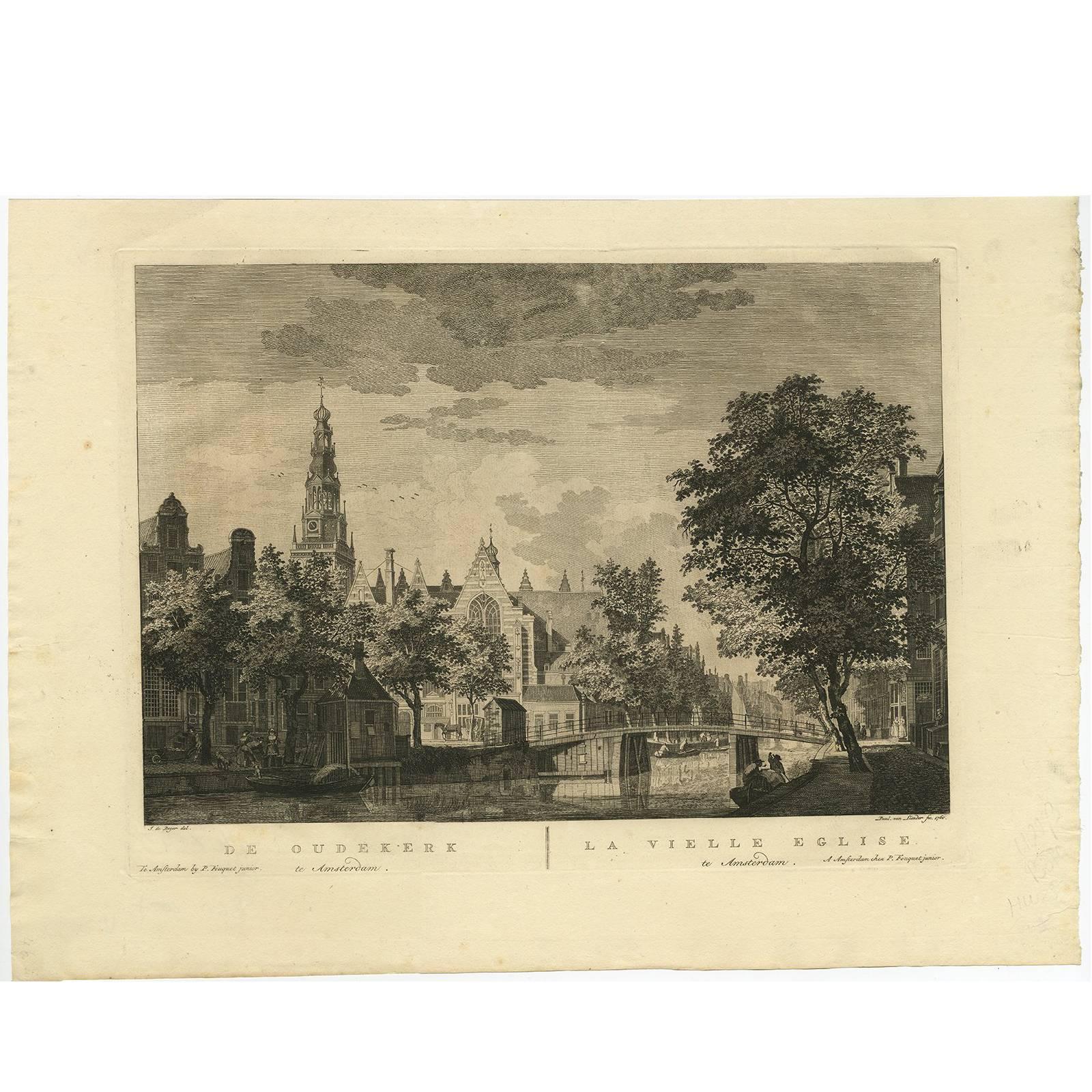 Antique Print of the 'Oudekerk' Church in Amsterdam by P. Van Liender, 1760 For Sale