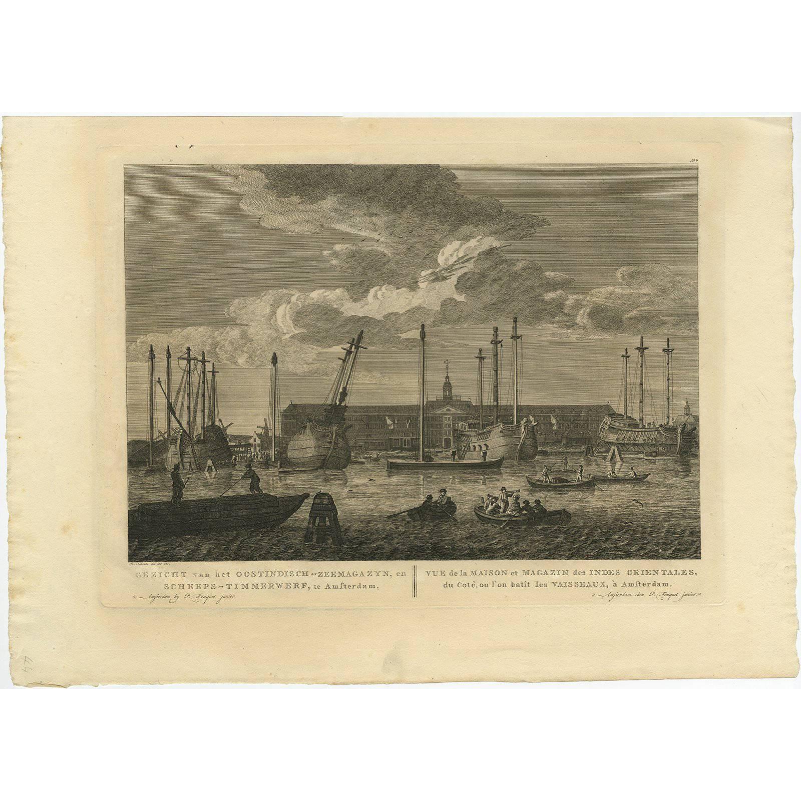 Antique Print of the 'Oostindisch-Zeemagazyn' in Amsterdam by H.P. Schouten For Sale