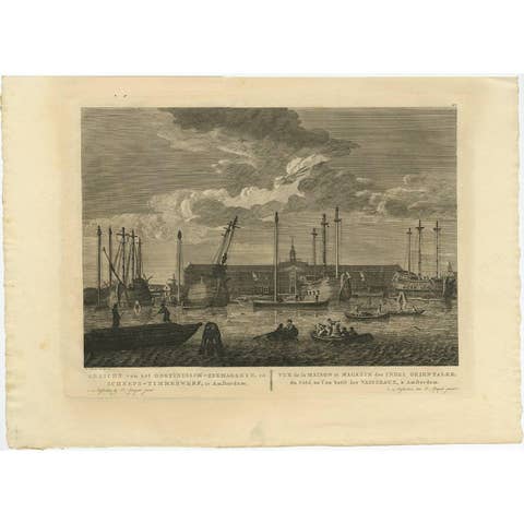 Antique Print of the 'Oostindisch-Zeemagazyn' in Amsterdam by H.P. Schouten