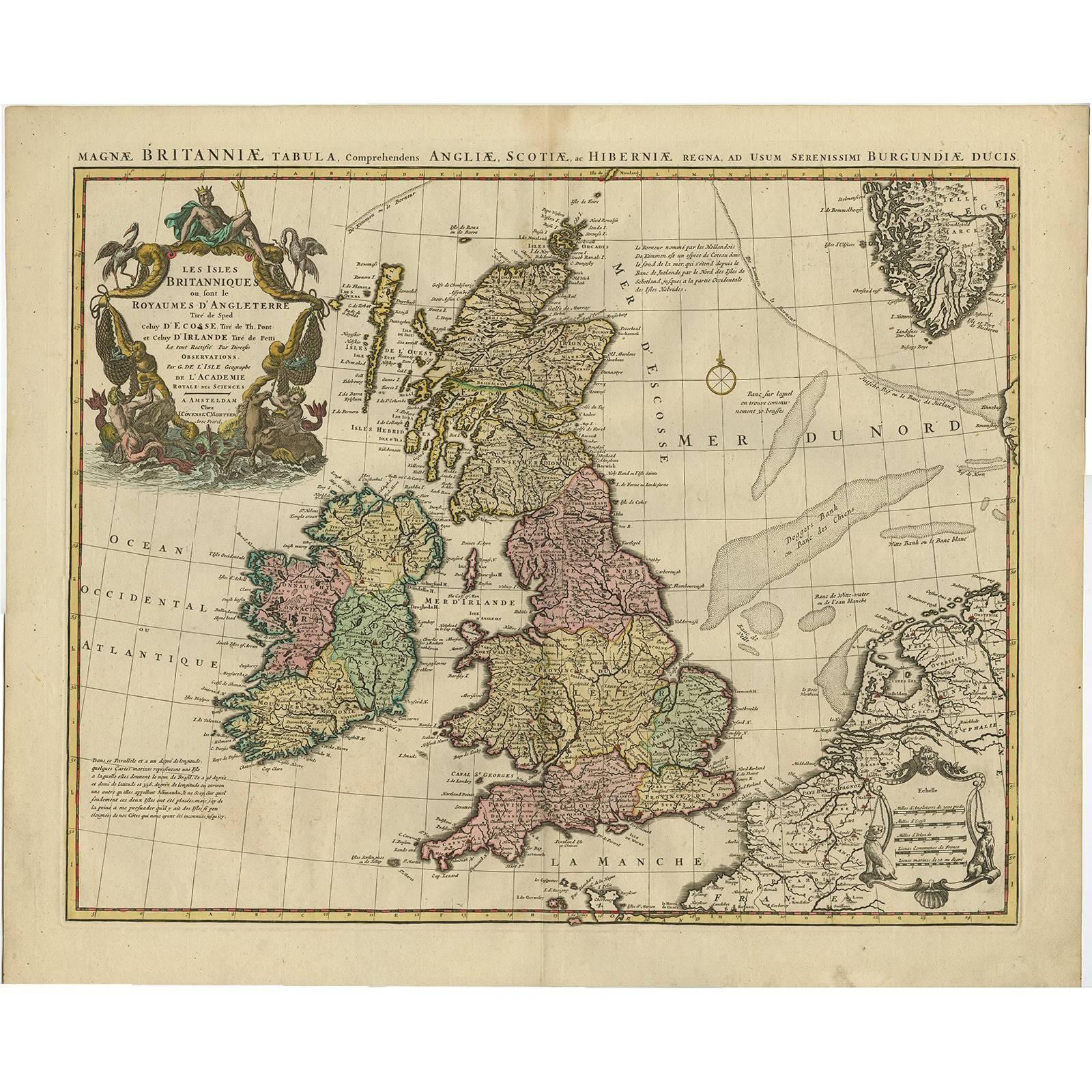 Antiquité Carte 'Cartouches colorés' des Iles Britanniques par Covens & Mortier '1761'.