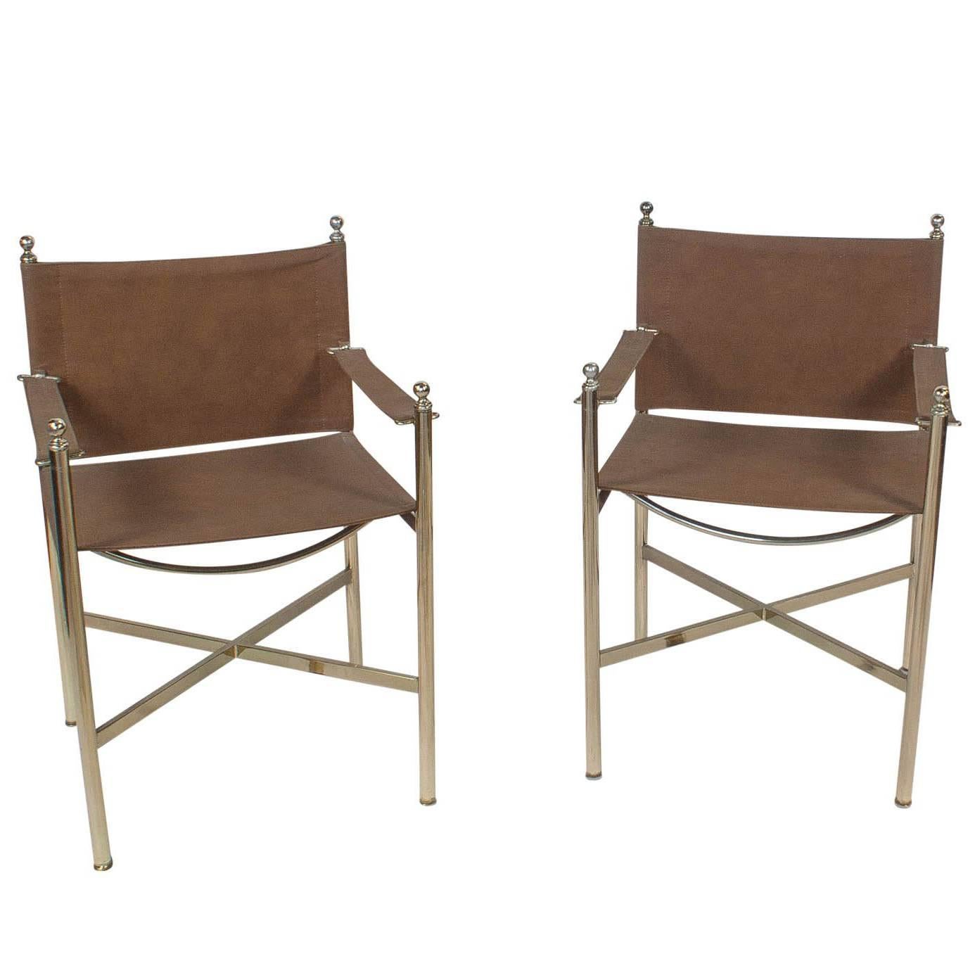 Pair of Steel and Brass Directors Chairs Attributed to Jansen