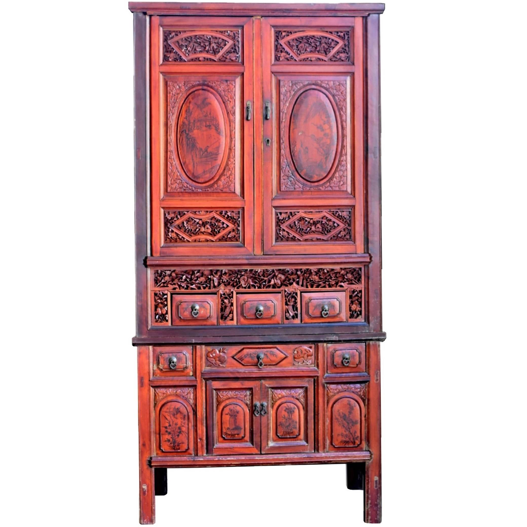 Antique Fully Carved Scholar's Cabinet For Sale