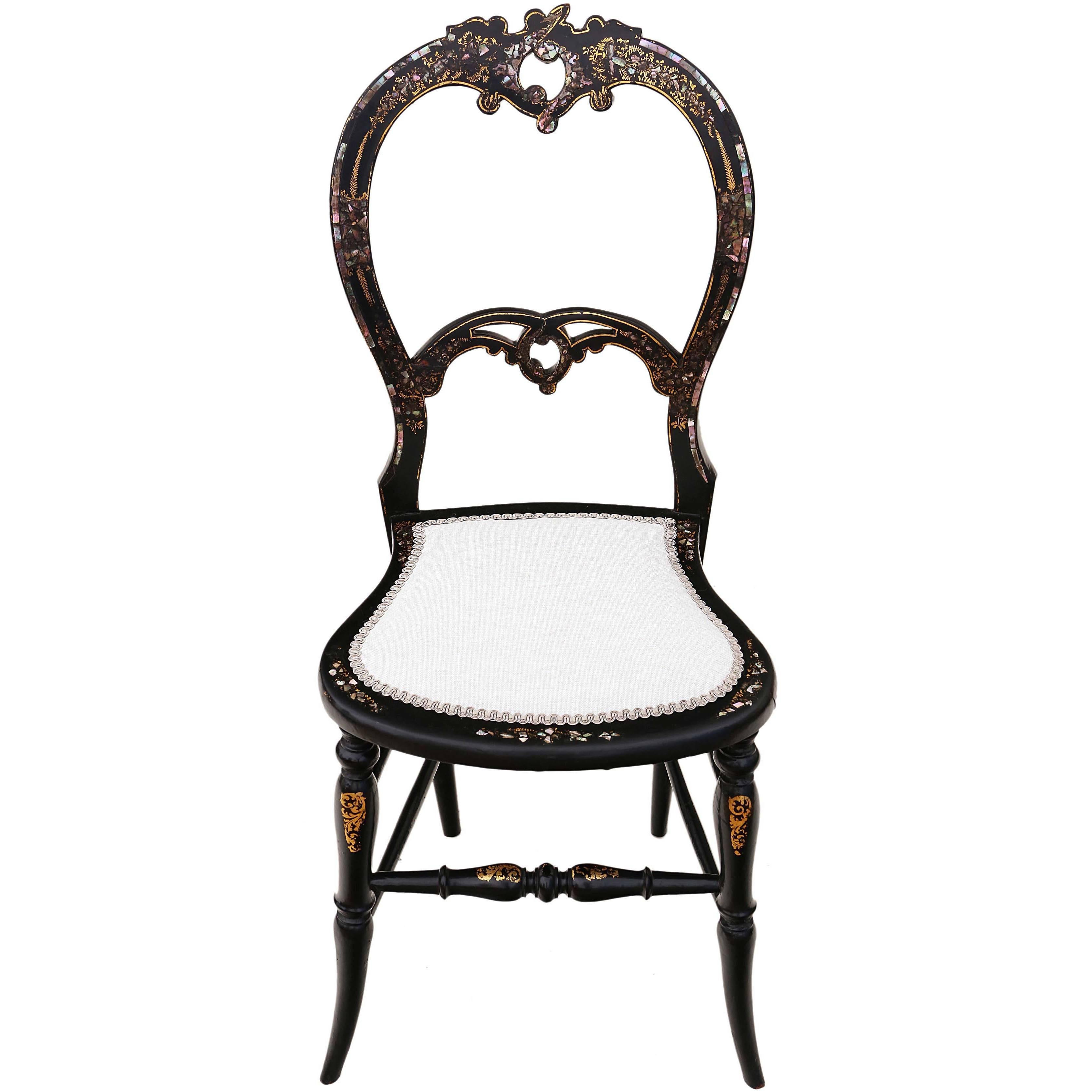 Antique Rare Victorian, circa 1890 Mother-of-Pearl Inlaid Bedroom Chair Side For Sale