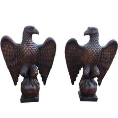 Antique American Pair of Carved Yellow Pine Spread Wing Eagles
