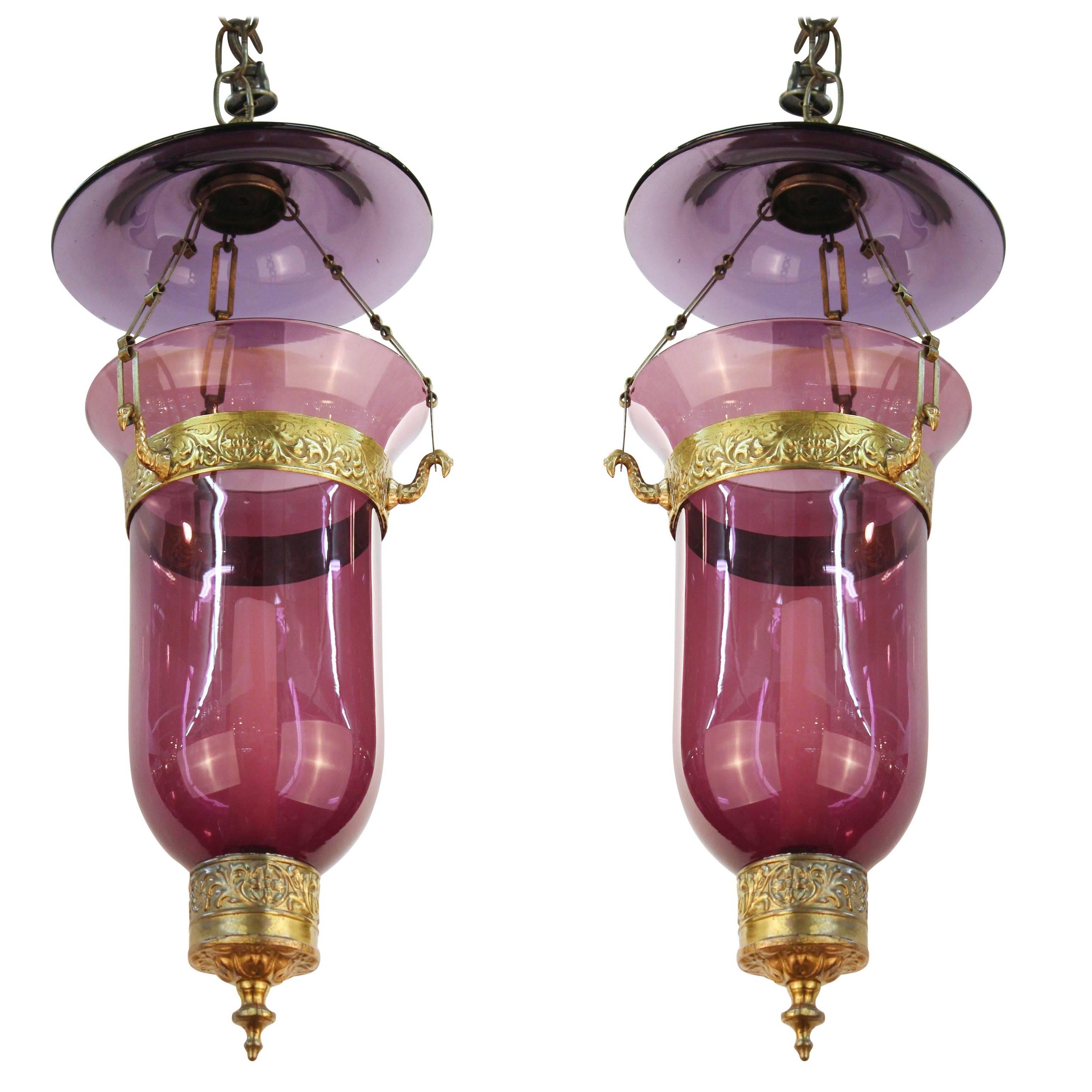 English Regency Amethyst Colored Glass Bell Jar Candle Lanterns