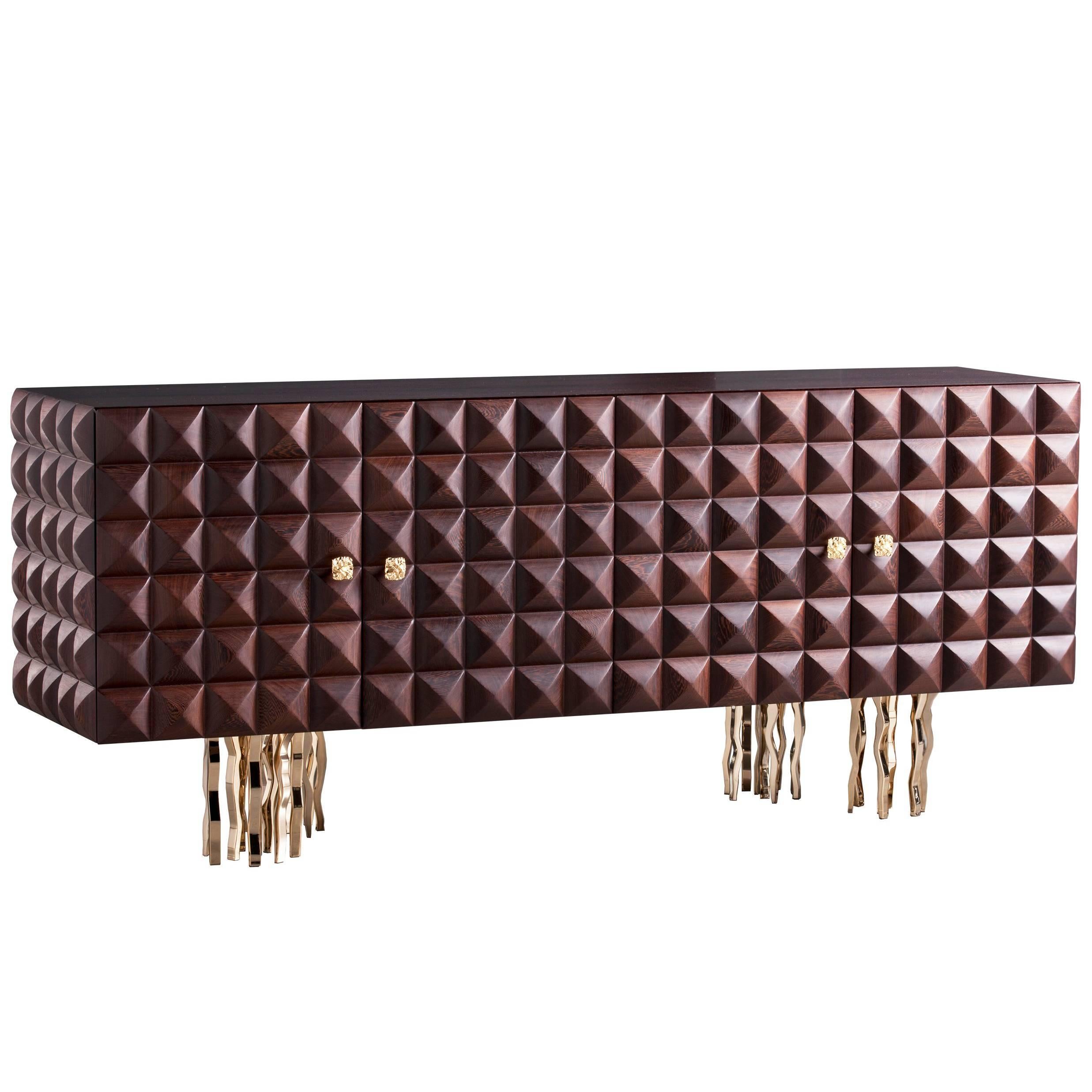 "Il Pezzo 10 Credenza" made of embossed solid wenge and gold plated brass