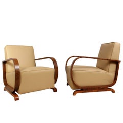 Art Deco Armchairs in Walnut and Leather, circa 1930
