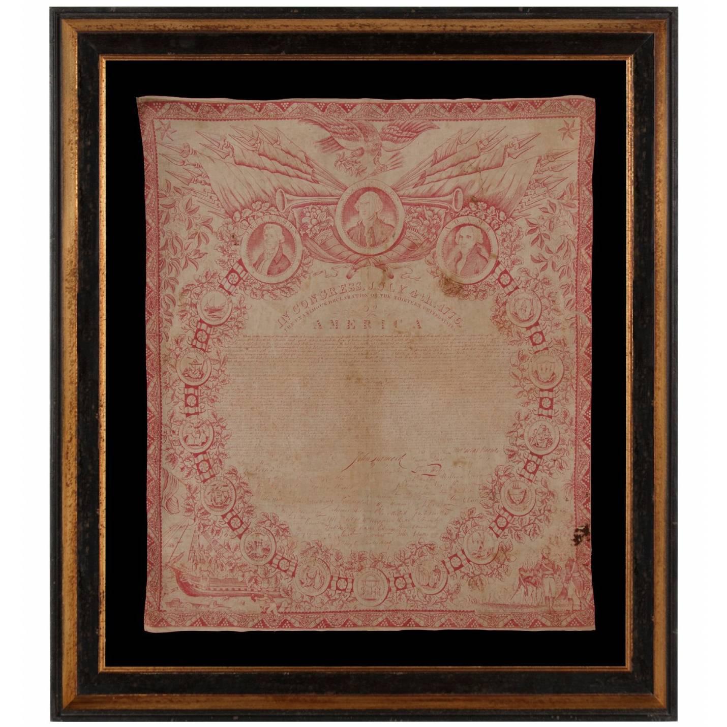 Exceptional 1821 Printing of the Declaration of Independence on Cloth