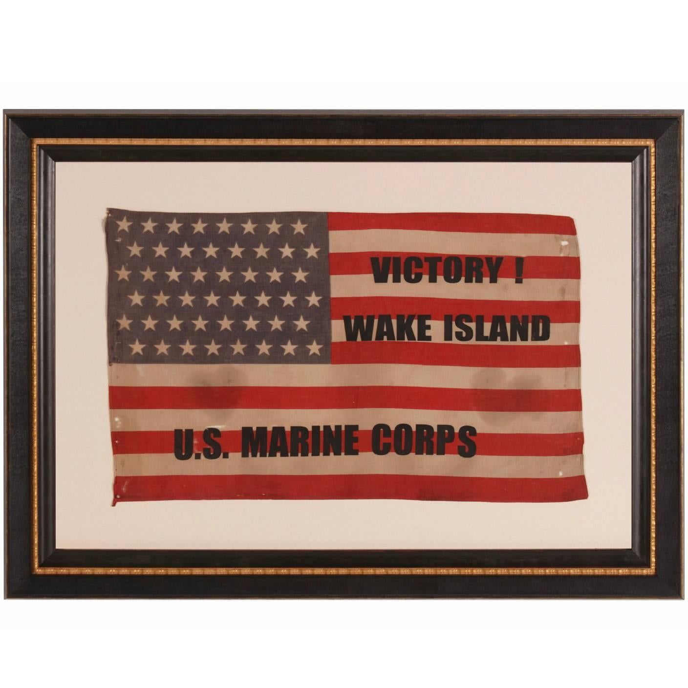 48 Star Vintage Flag w/ WWII, Wake Island, U.S. Marine Corps Overprint, 1941