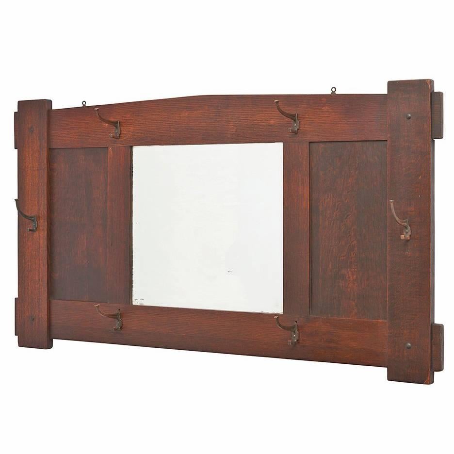 Large Oak Arts & Crafts Mirror with Hooks, circa 1915 For Sale