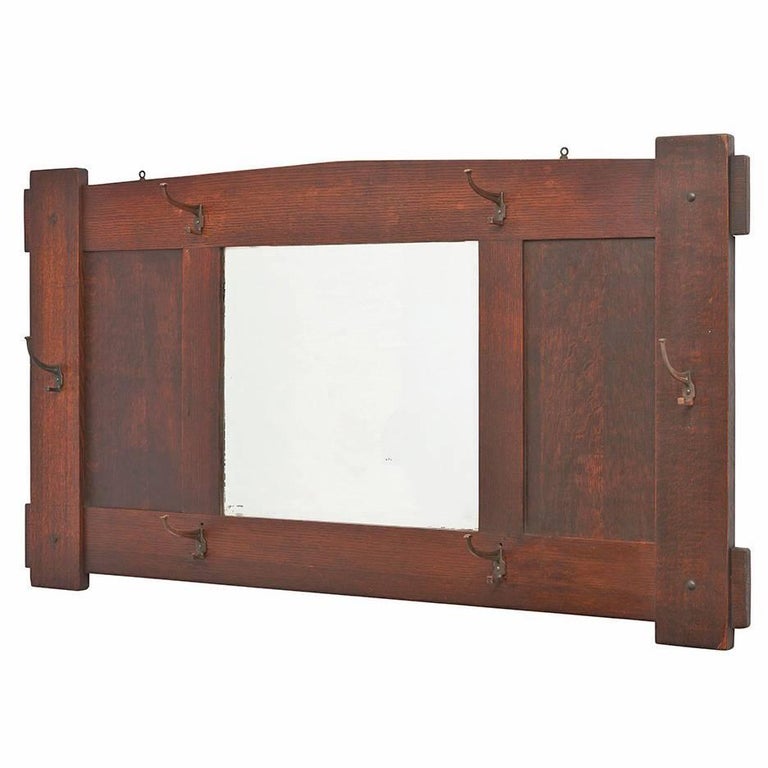 Large Oak Arts and Crafts Mirror with Hooks, circa 1915 For Sale at 1stDibs