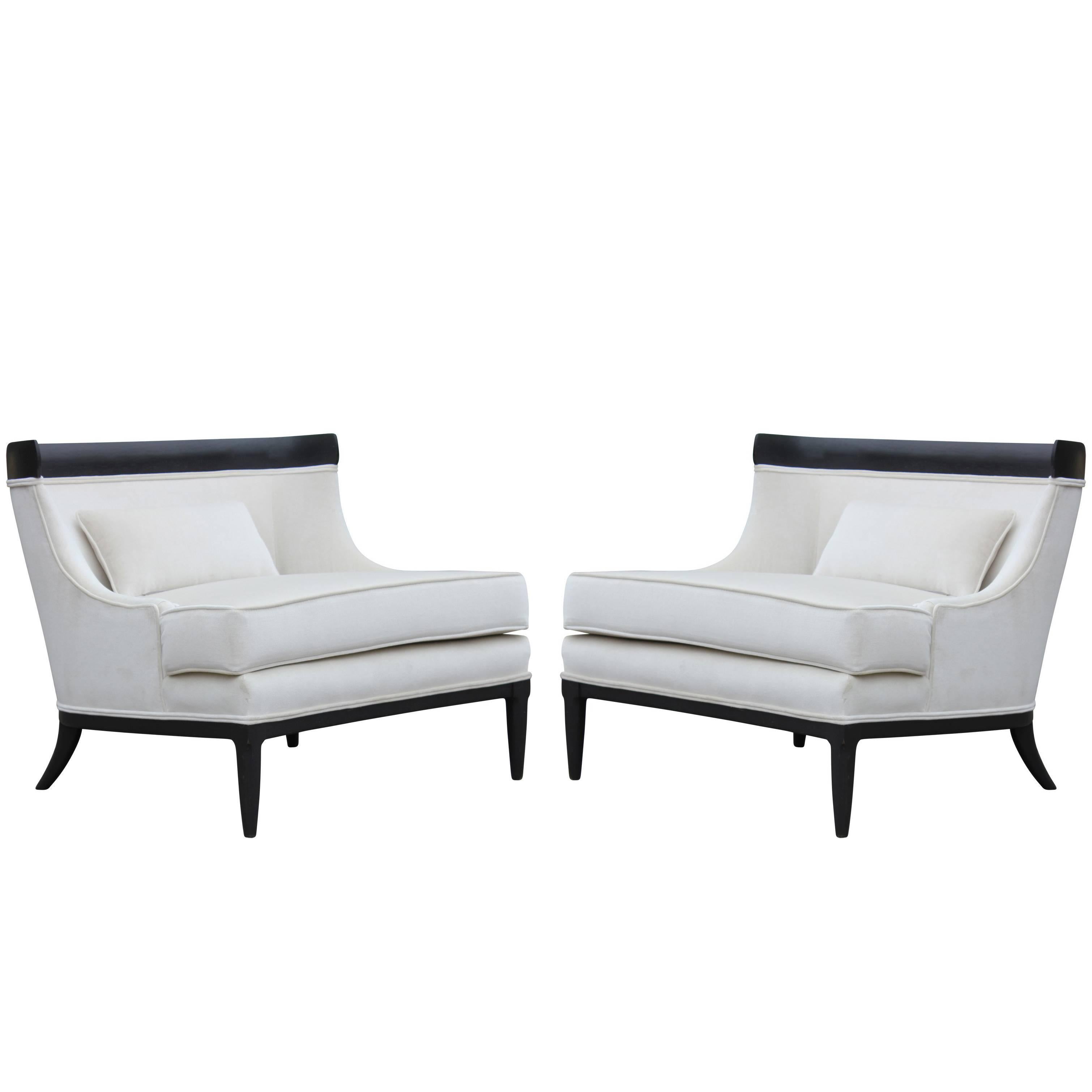 Pair of Modern White Velvet and Black Lounge / Slipper Chairs by Tomlinson 