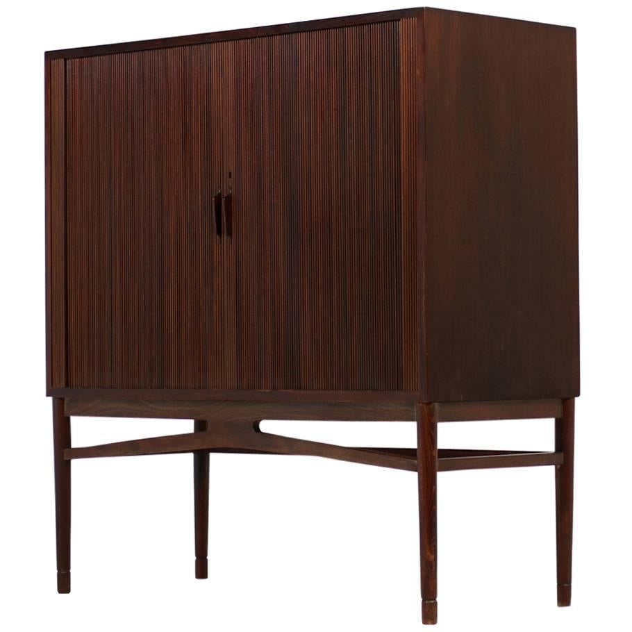 1960s Scandinavian Modern Mahogany Highboard Bar Cabinet, Tambour Doors Sidebord