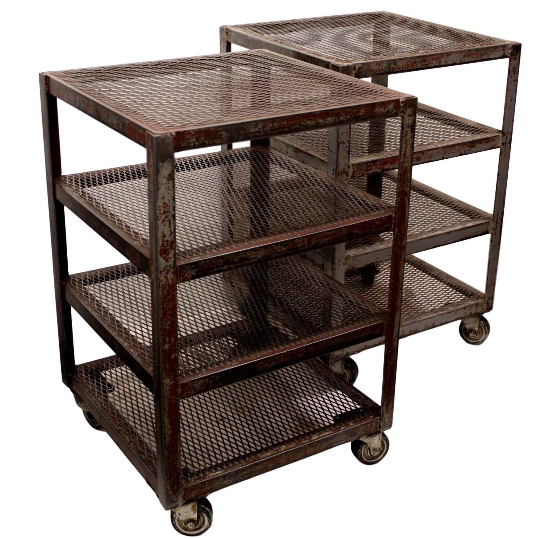 Pair of Matching Industrial Metal Factory Cart End Side Tables