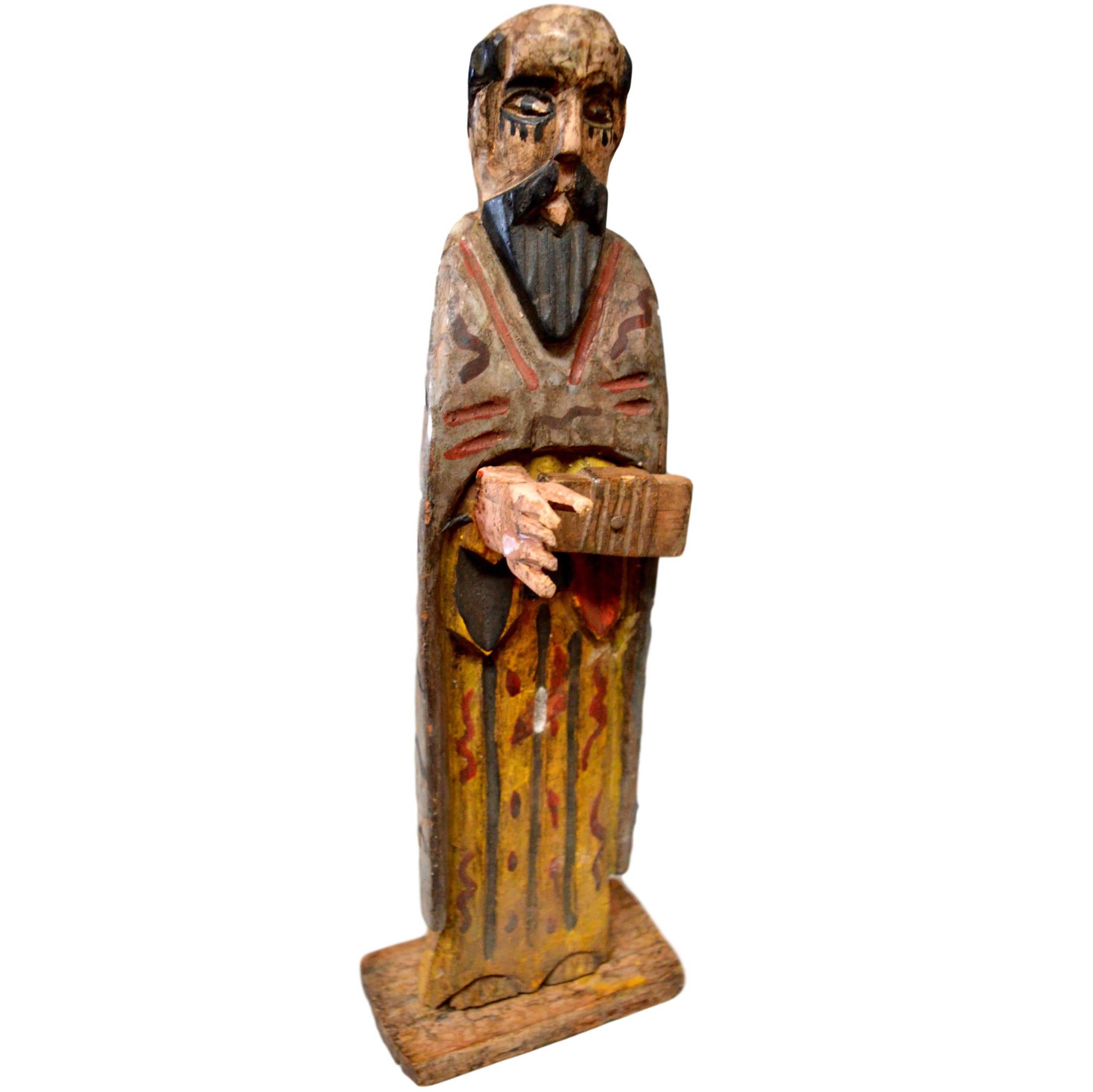 Hand-Painted Wood Santo of Saint Antonio For Sale