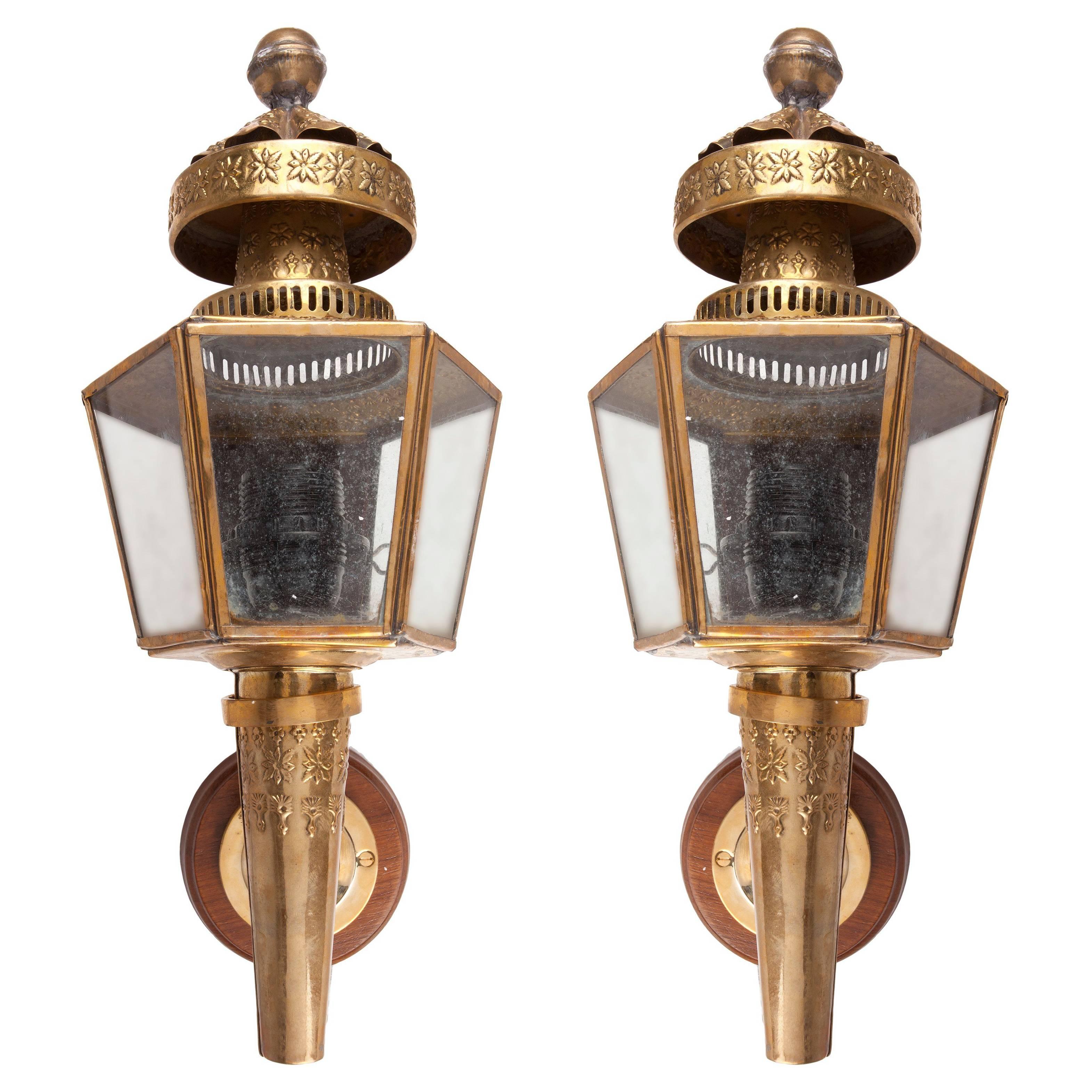 Pair of Embossed Brass Carriage Lights, Early 1900s