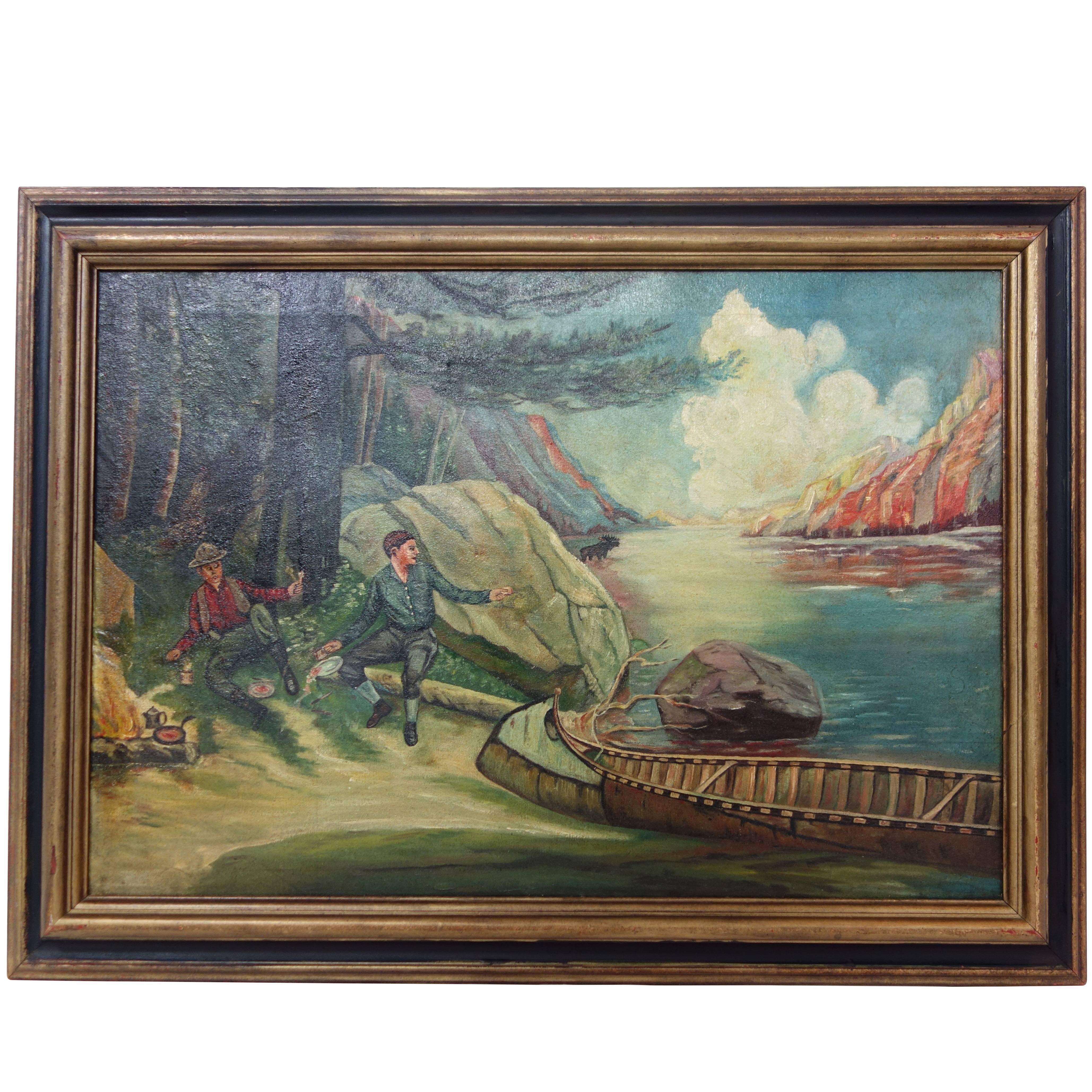 Folk Art 1930s "Moose in Camp" Painting in the Style of Philip R. Goodwin For Sale