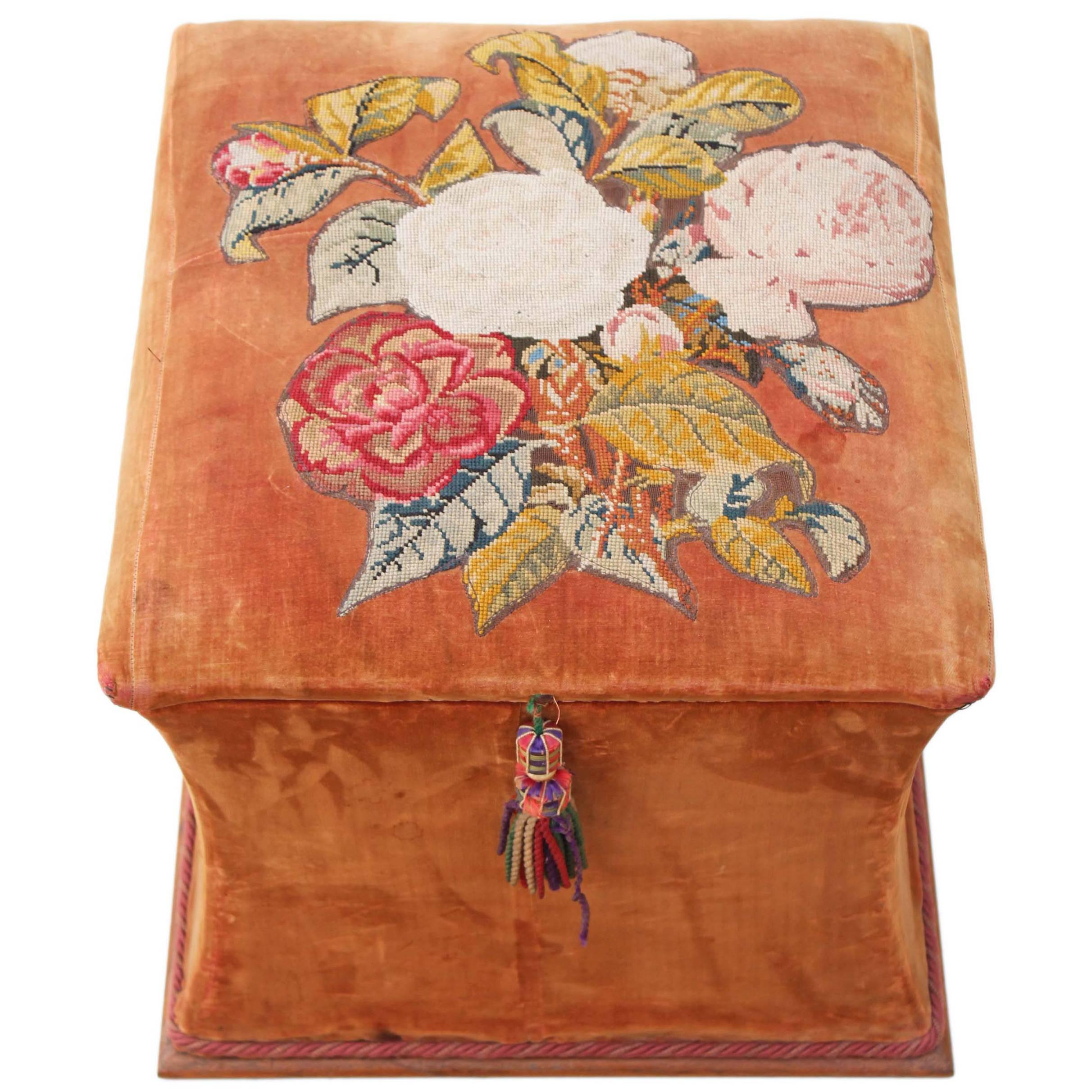 Antique Victorian Shaped Upholstered Needlepoint Ottoman Blanket Box For Sale