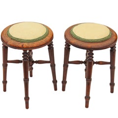 Antique Rare Pair of Victorian Beech Upholstered Stools Seats Chairs