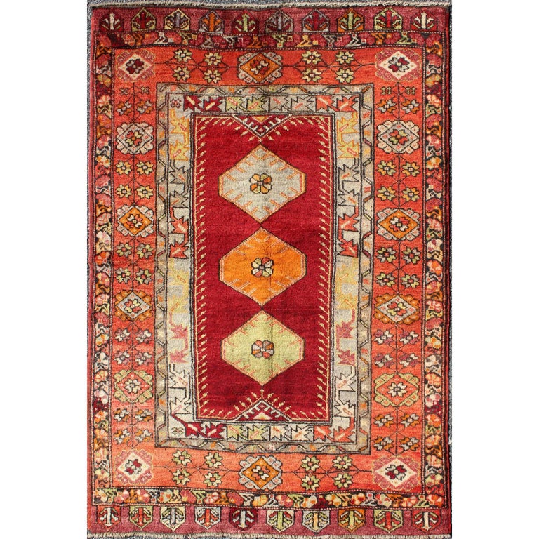 Vintage Mid-Century Turkish Oushak Rug with Wide Borders in Red For ...