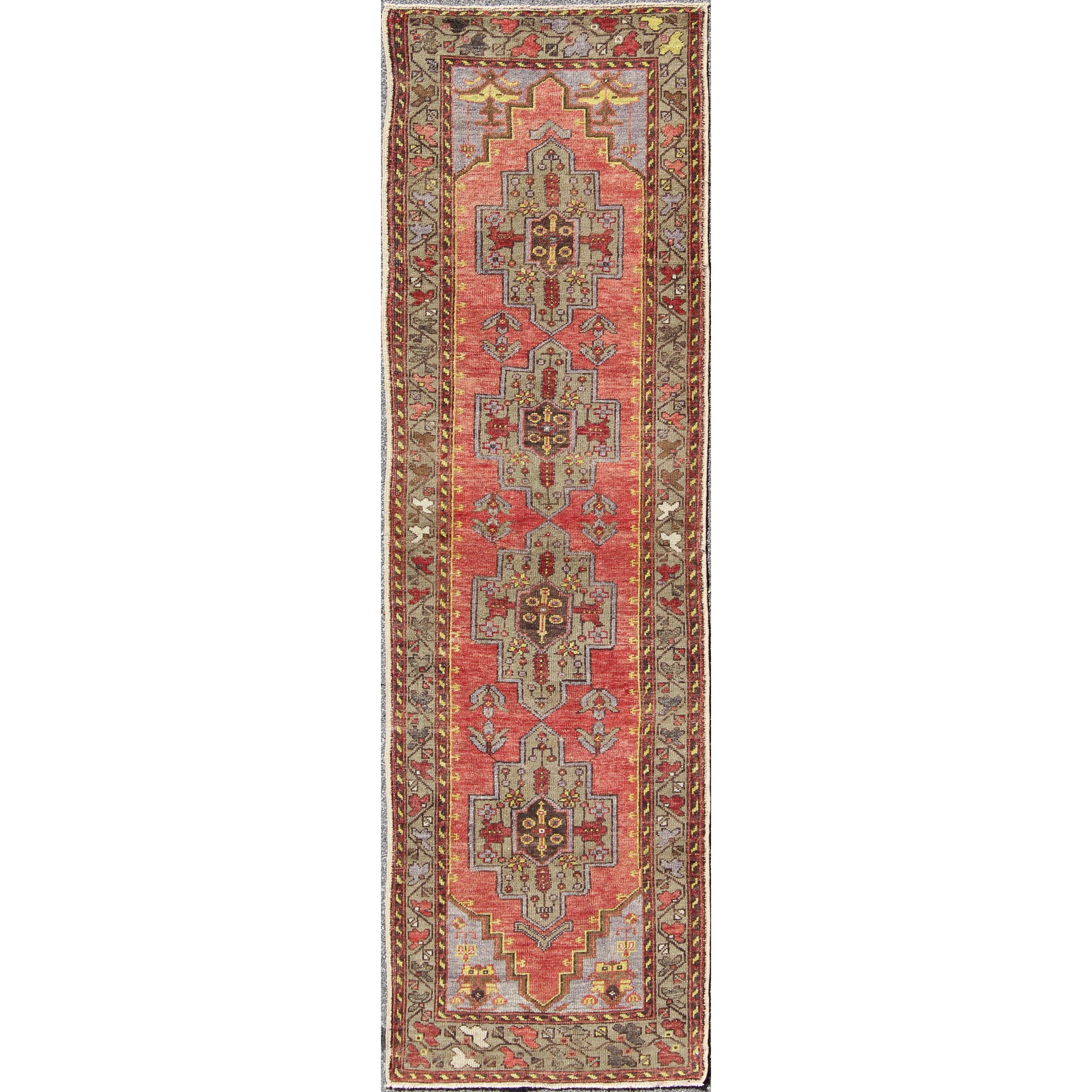 Cross Medallions Vintage Oushak Runner from Turkey in Burnt Orange and Olive