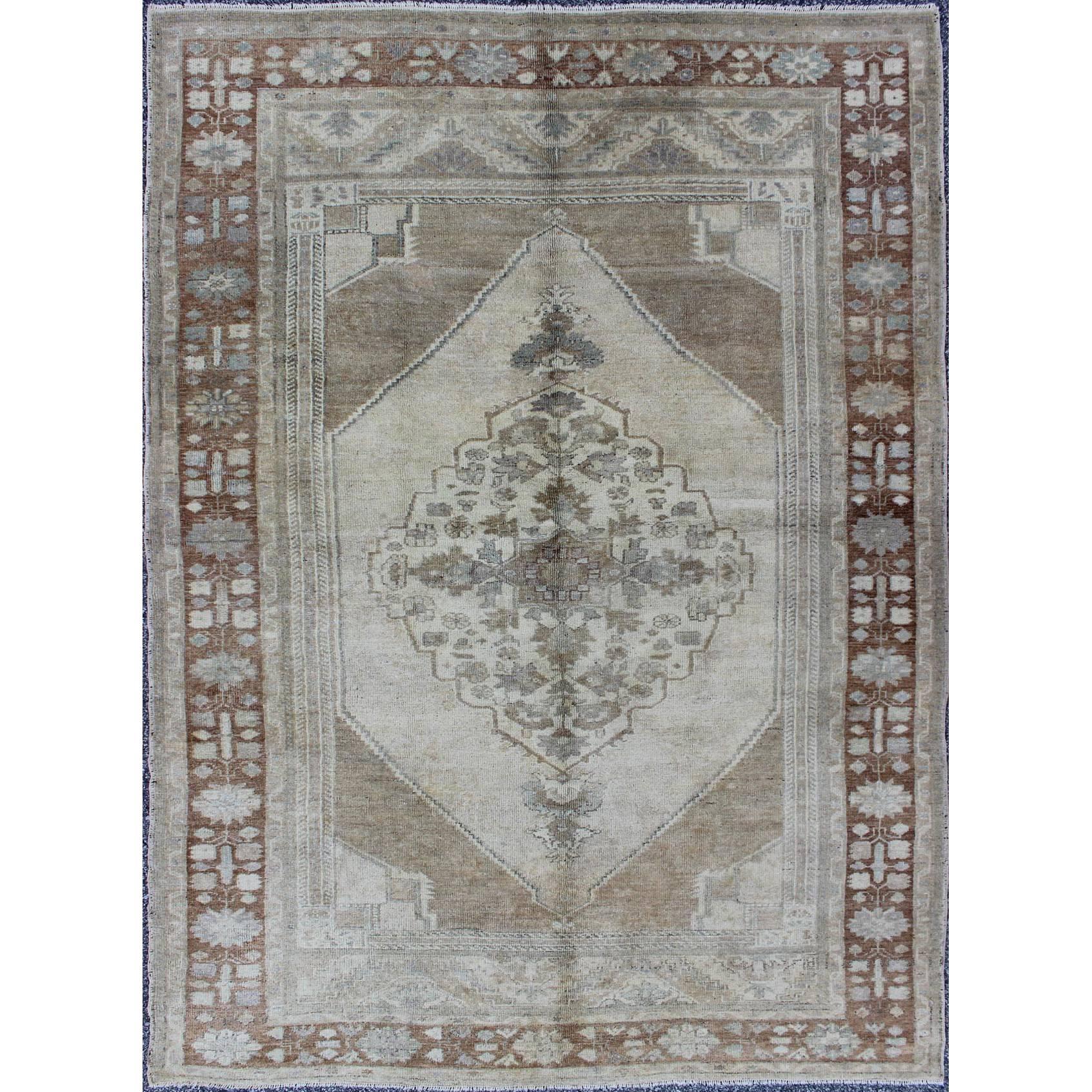 Vintage Turkish Oushak Rug with Layered Floral Medallion in Ivory, Gray, Brown