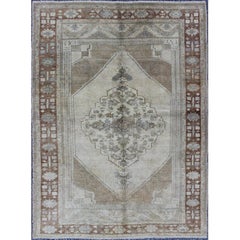Vintage Turkish Oushak Rug with Layered Floral Medallion in Ivory, Gray, Brown