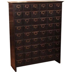 Used 1930s Dark Wood Tone Wooden Card Catalog Chest with 54 Drawers and Brass Plates