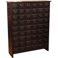 Vintage 1930s Dark Wood Tone Wooden Card Catalog Chest with 54 Drawers and Brass Plates