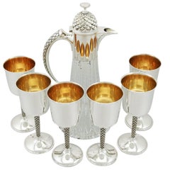 Sterling Silver Mounted Glass Claret Jug and Matching Goblets by Anthony Elson