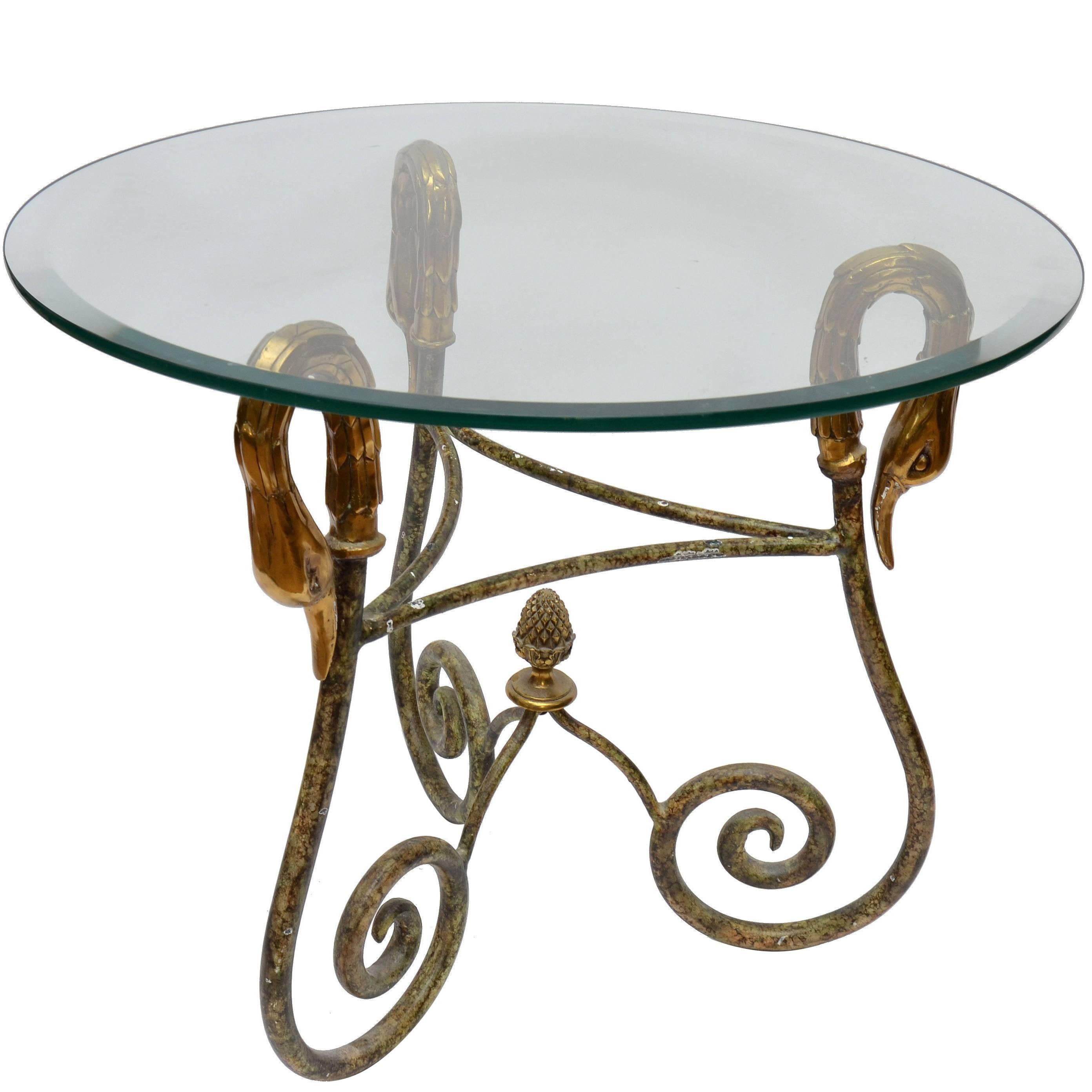 Hollywood Regency Wrought Iron Side Table from Italy with Brass Swan Heads 1950 For Sale