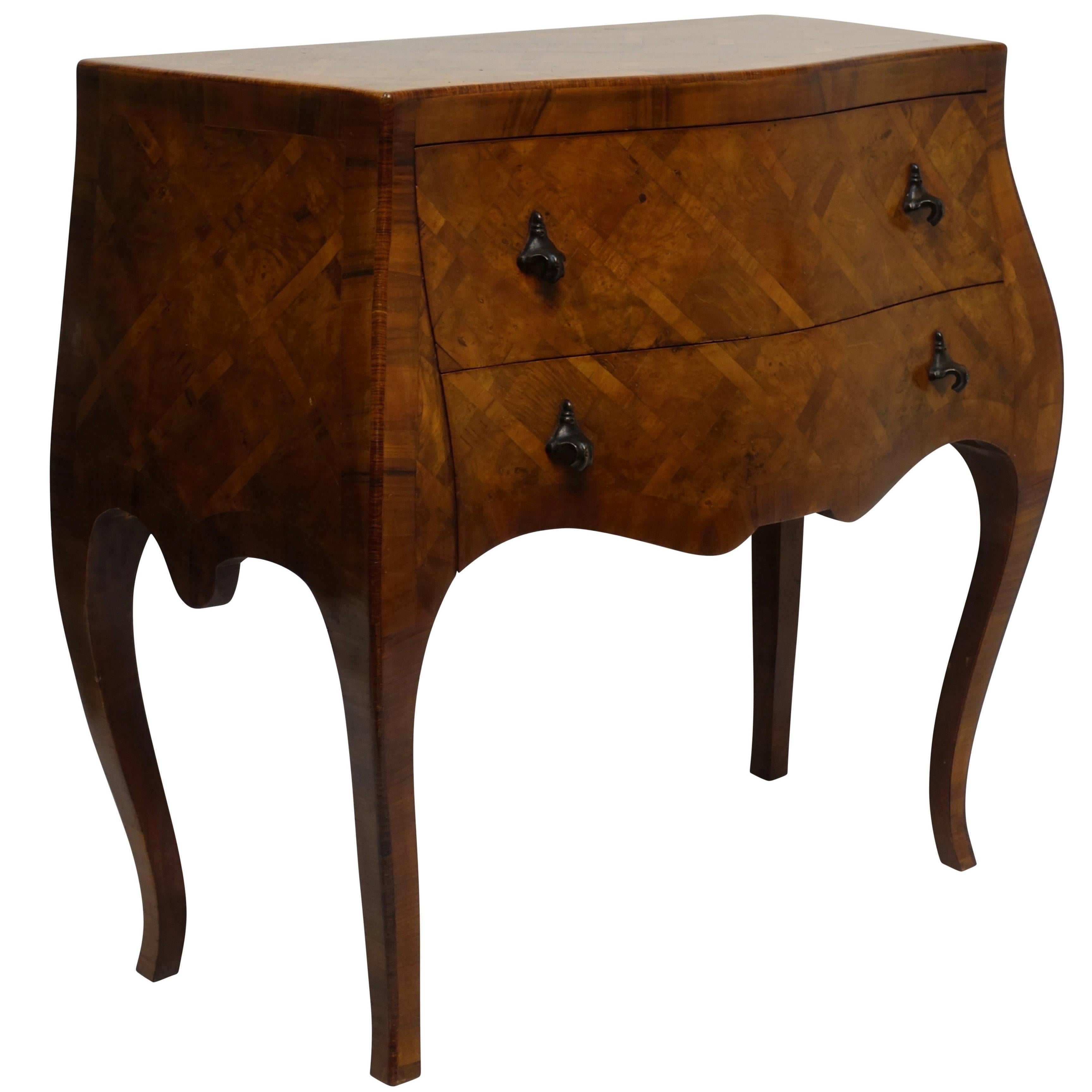 Italian Walnut Bombe Two-Drawer Commode with Brass Pulls