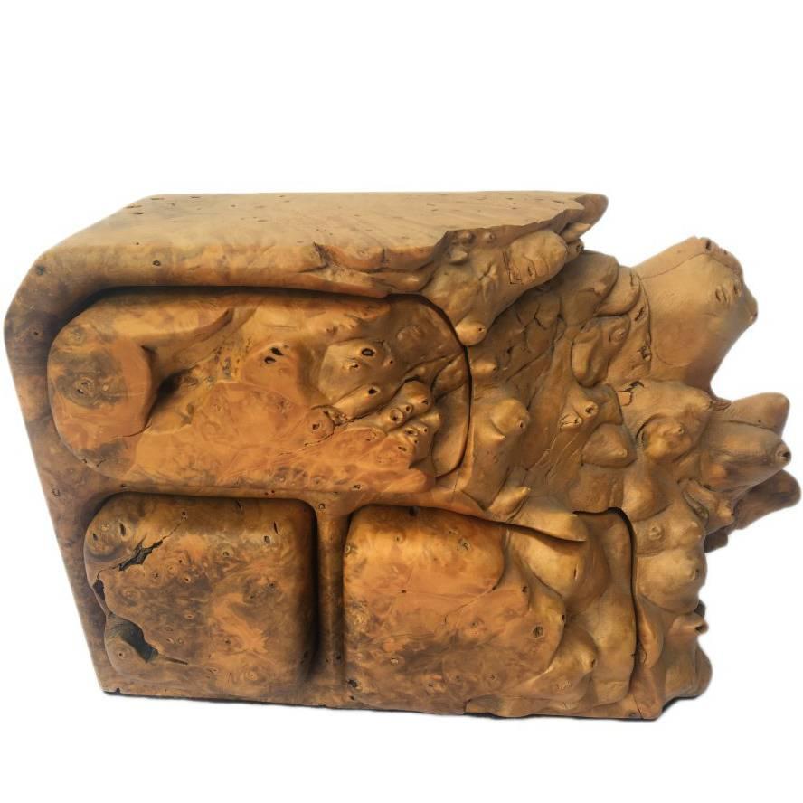 Midcentury Wood Burl Jewelry Box with Hidden Compartments