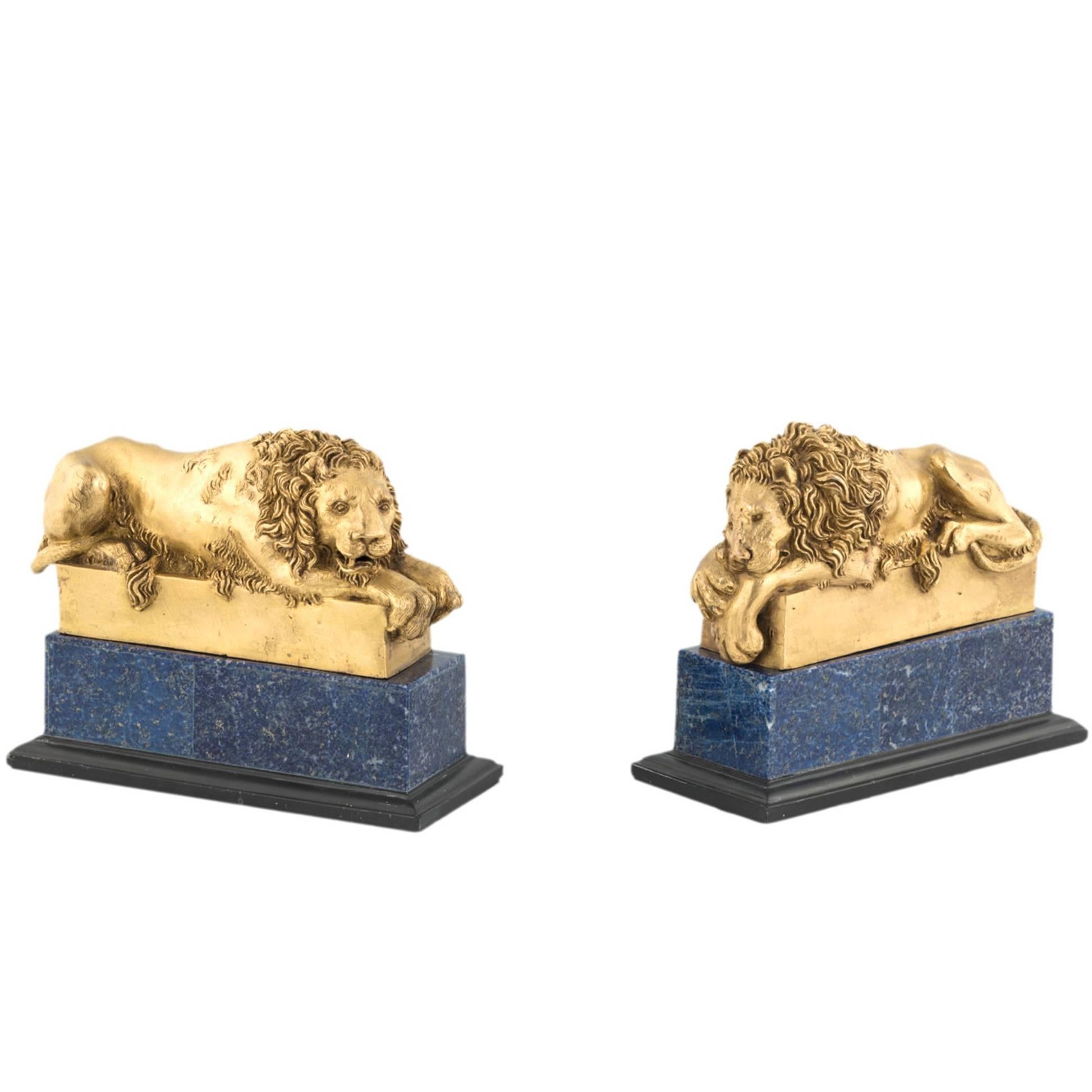 19th Century Pair of Canova Lions in Bronze and Lapis Lazzulo