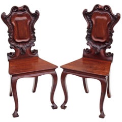 Antique Pair of Victorian 19th Century Carved Mahogany Hall Chairs
