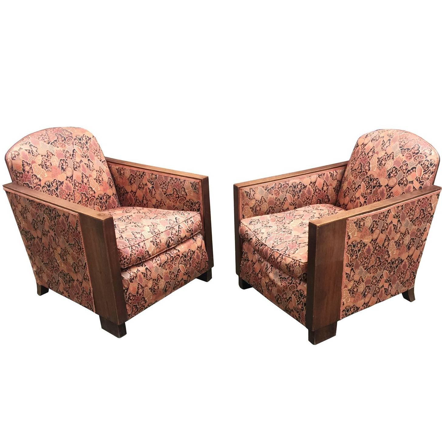 Pair of Art Deco Armchairs, Walnut Structure