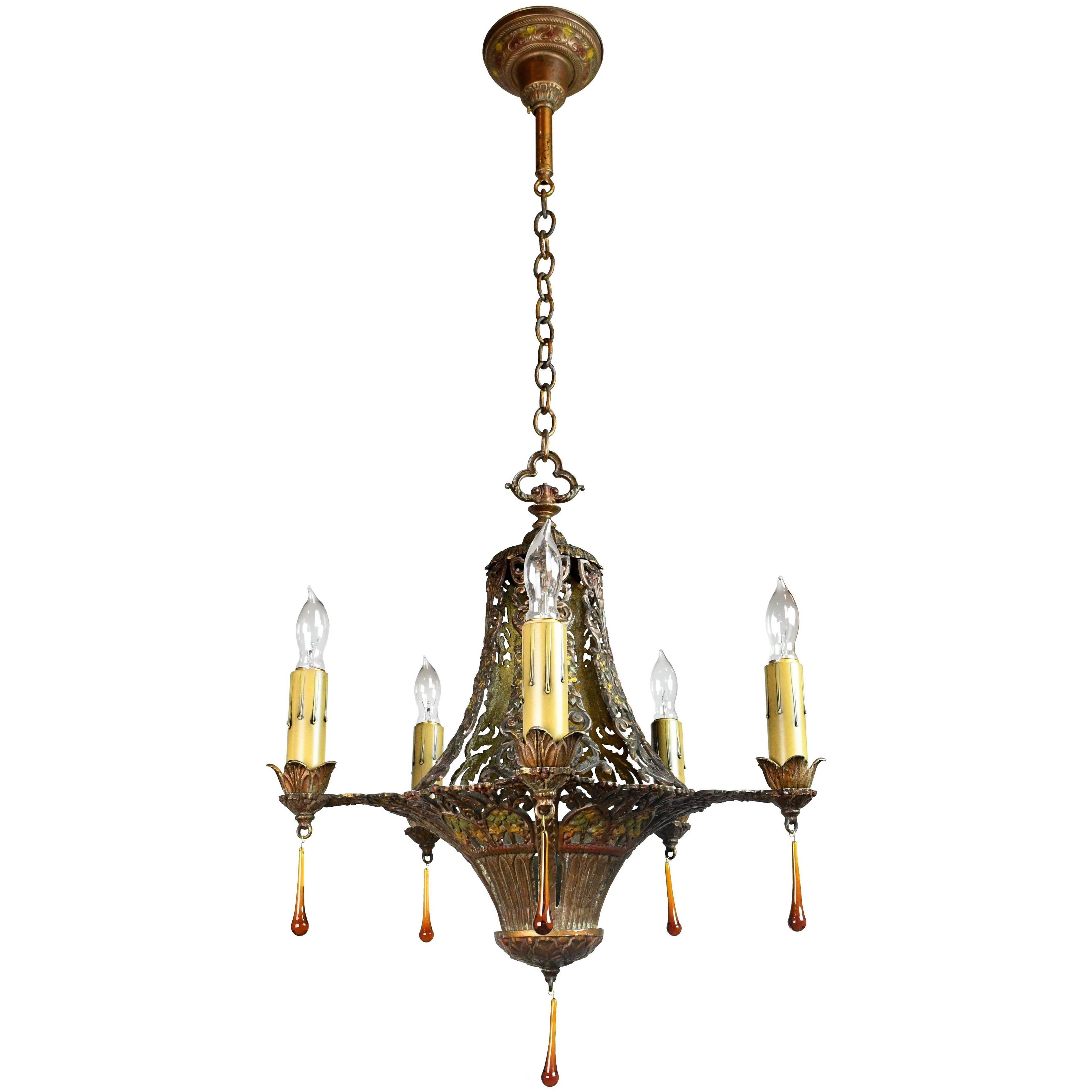 Five Candle Polychrome Chandelier with Floral Details