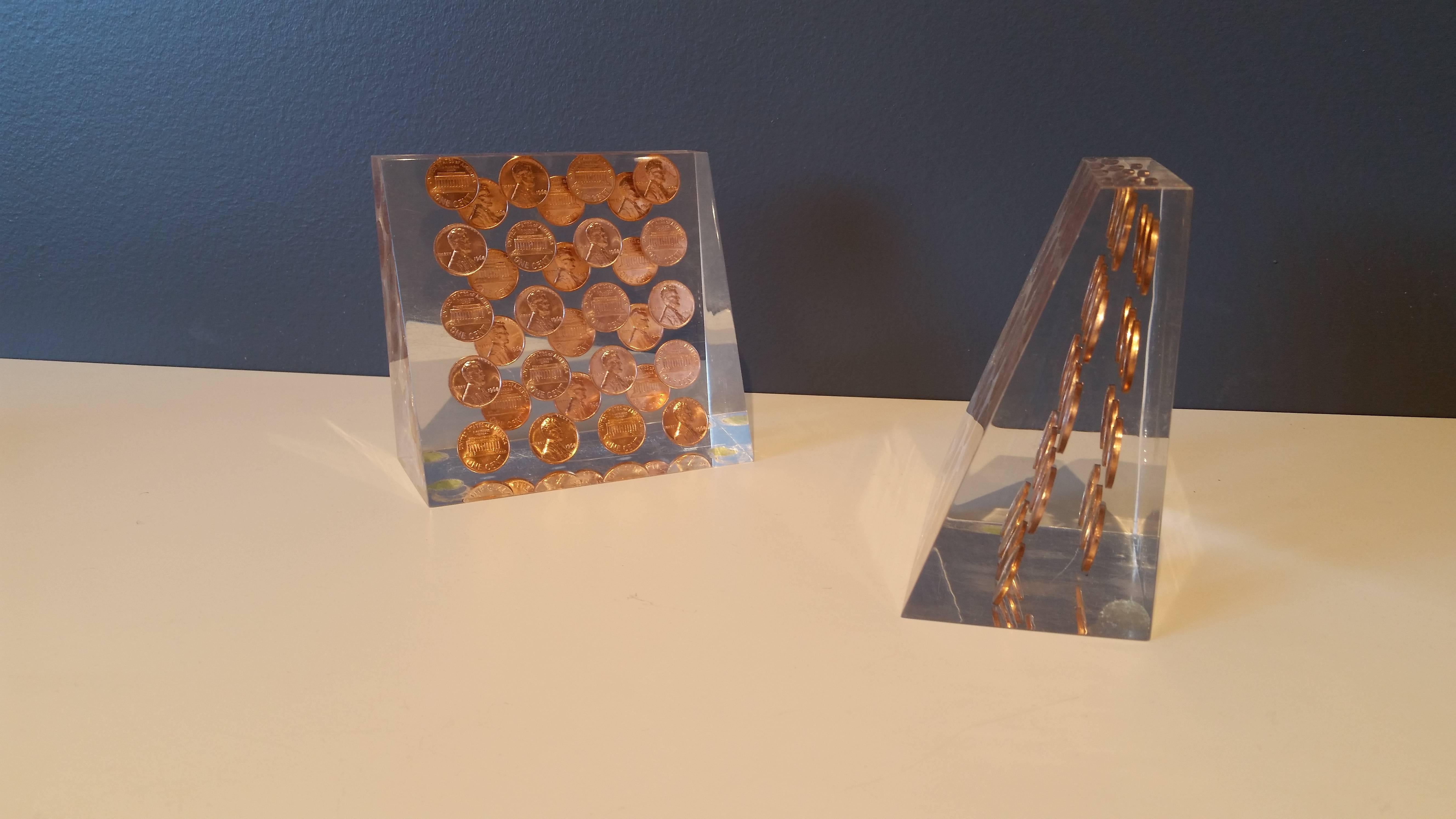 Copper Glam Midcentury Lucite Bookends with Embedded, 1968 Pennies