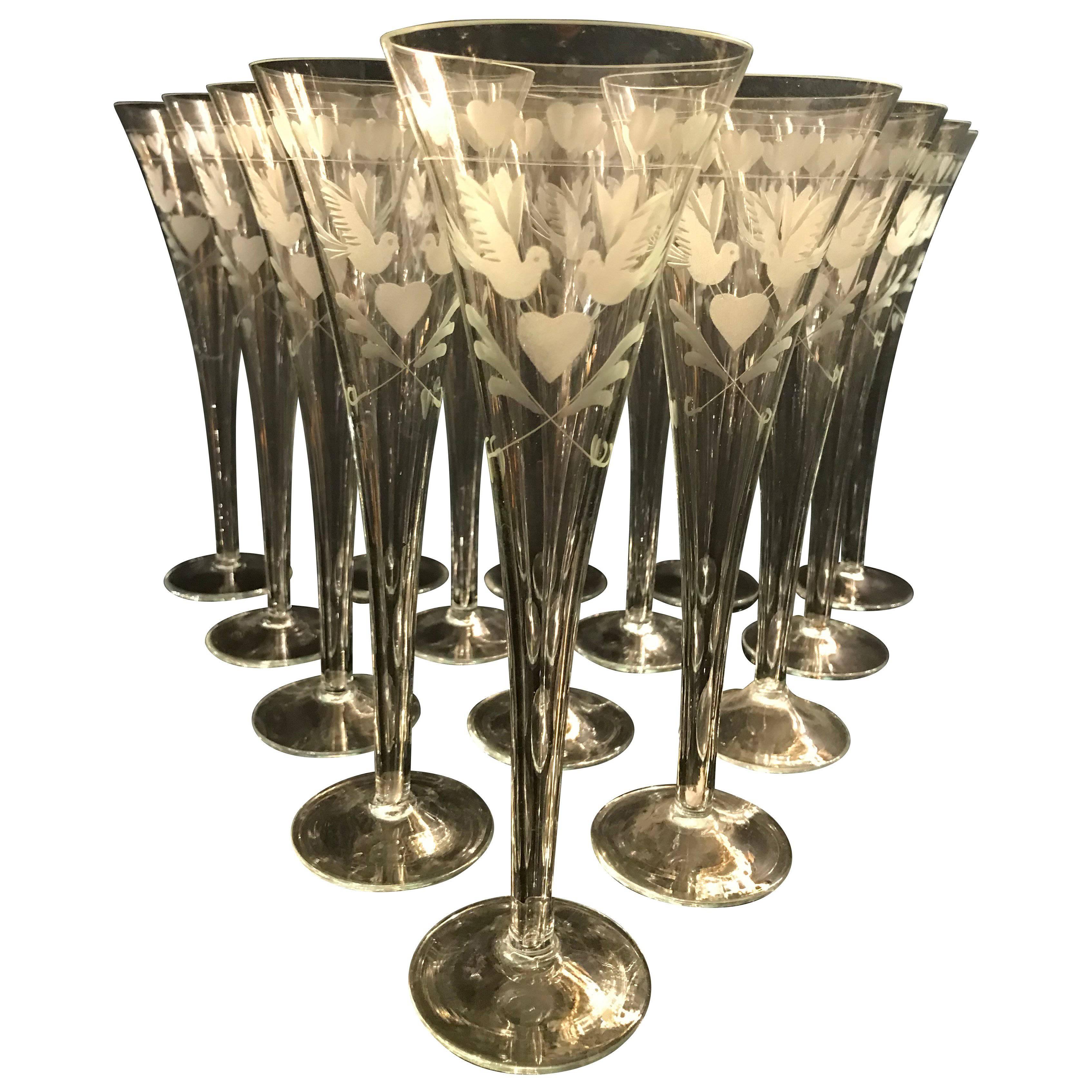 Vintage French Engraved Champagne Flutes