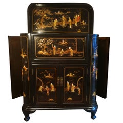 Vintage Midcentury Chinoiserie Inlaid Decorated Mahogany Bar Buffet, Black Laquered