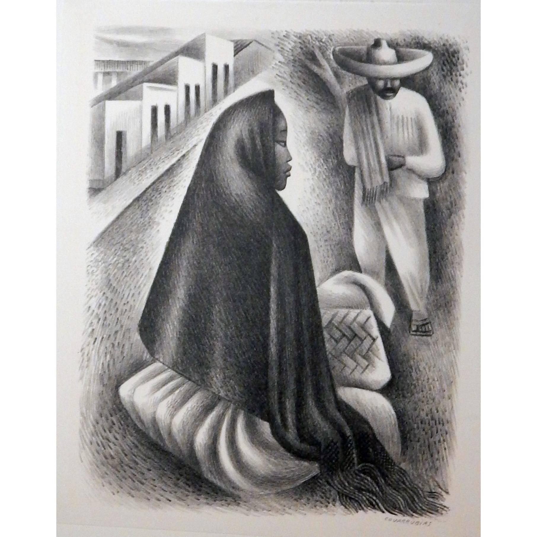 Miguel Covarrubias Original Stone Lithograph, 1940, "Mexican Street Scene"