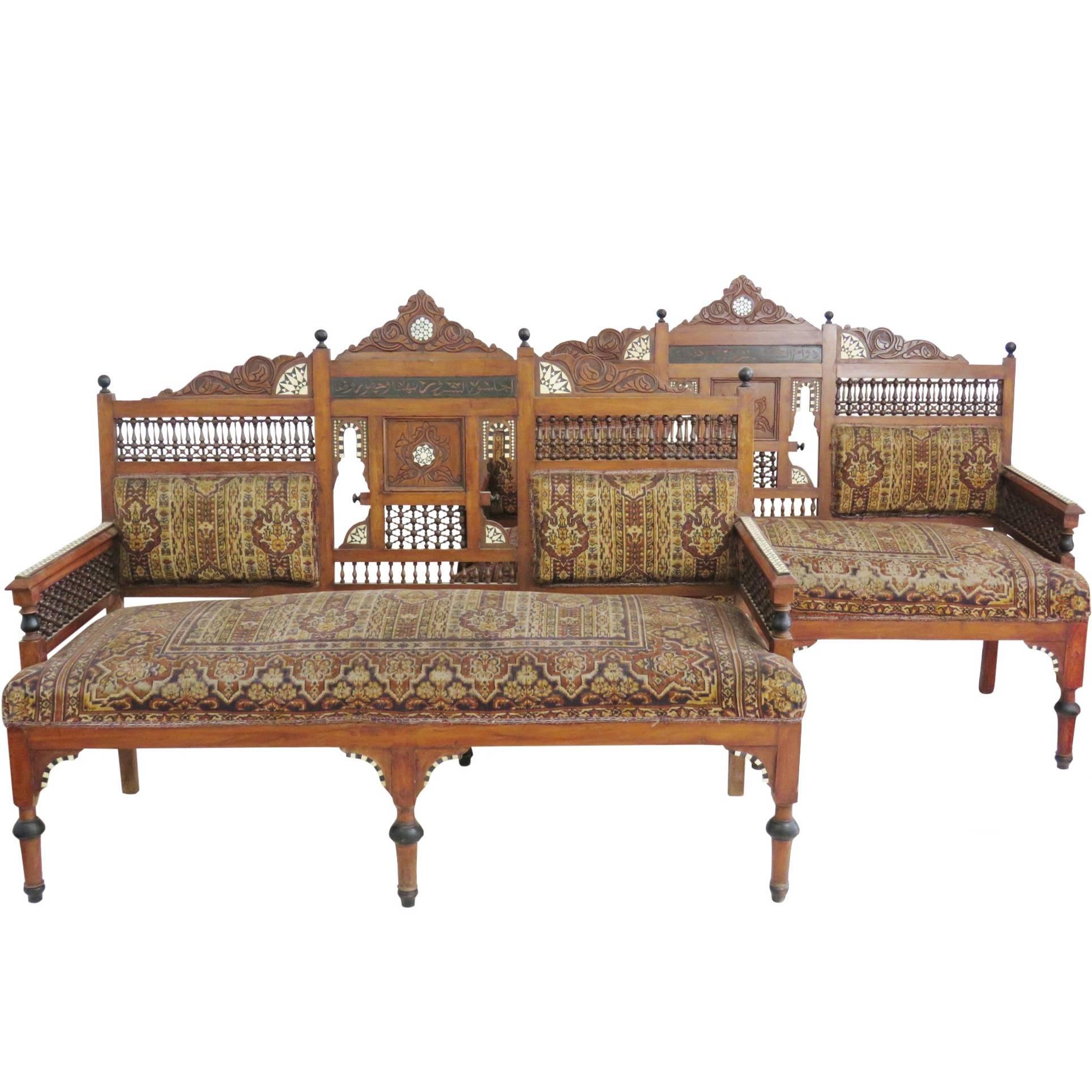 Pair of Moroccan Carved Inlaid Settees